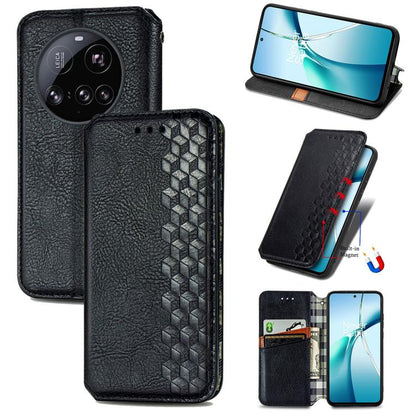 Magnetic leather phone case, black flip cover with cubic grid texture and card slot