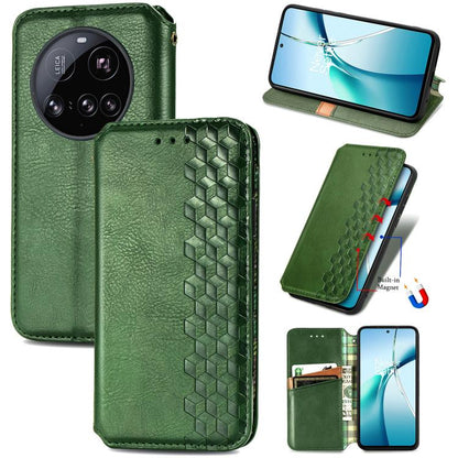 Magnetic leather phone case, green flip cover with cubic grid texture and card slot
