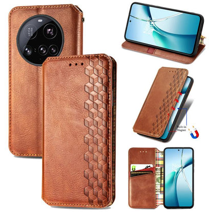 Magnetic leather phone case, brown flip cover with cubic grid texture and card slot