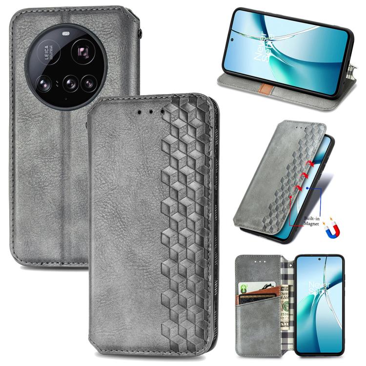 Magnetic leather phone case, gray flip cover with cubic grid texture and card slot
