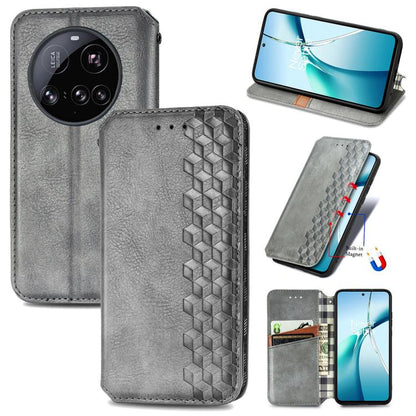 Magnetic leather phone case, gray flip cover with cubic grid texture and card slot