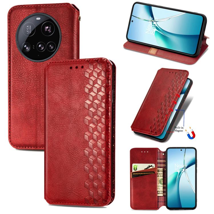 Red magnetic leather phone case with cubic grid pattern and card slot