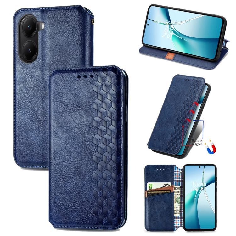 Blue magnetic leather phone case with cubic grid pattern and card slot