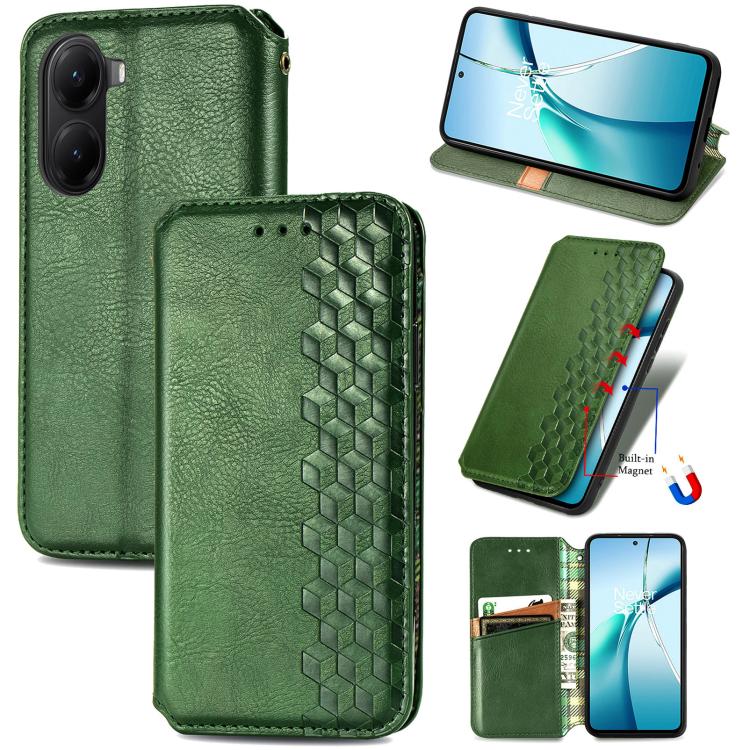 Green magnetic leather phone case with cubic grid pattern and card slot