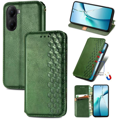 Green magnetic leather phone case with cubic grid pattern and card slot