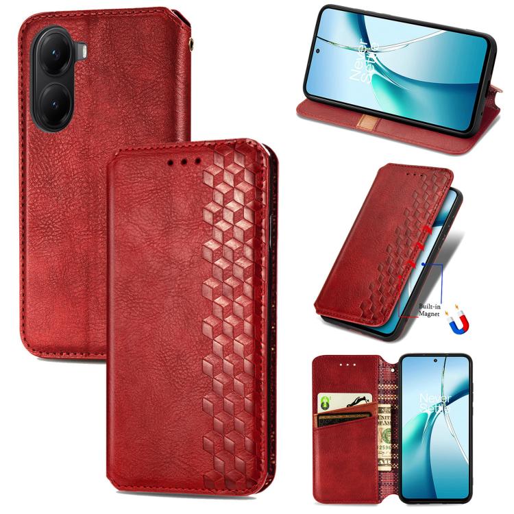 Red leather wallet phone case with cubic grid embossed front and camera cutouts