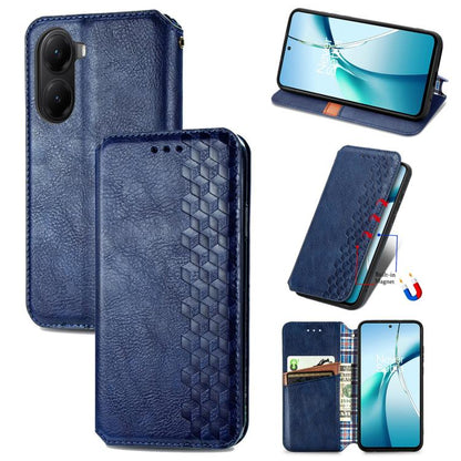 Blue magnetic leather phone case with cubic grid pattern and card slot