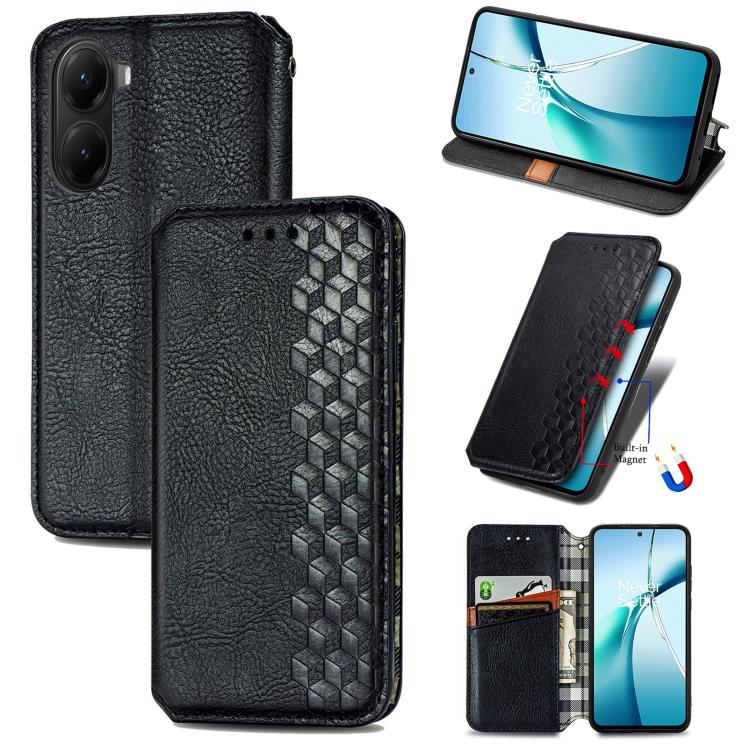 Black magnetic leather phone case with cubic grid pattern and card slot