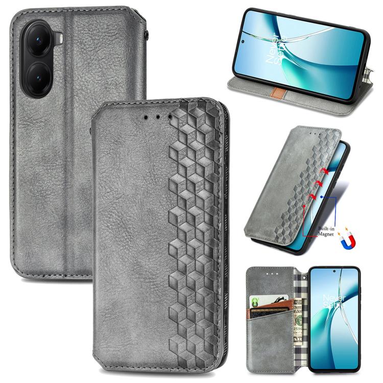 Gray magnetic leather phone case with cubic grid pattern and card slot
