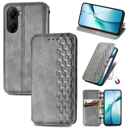 Gray magnetic leather phone case with cubic grid pattern and card slot