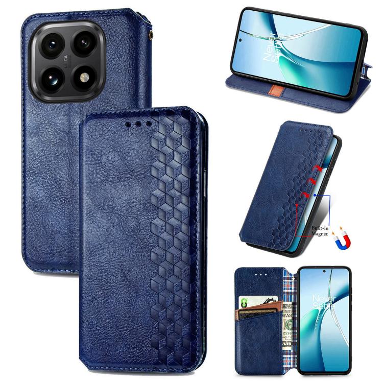 Blue magnetic leather phone case with cubic grid embossed pattern and flip cover