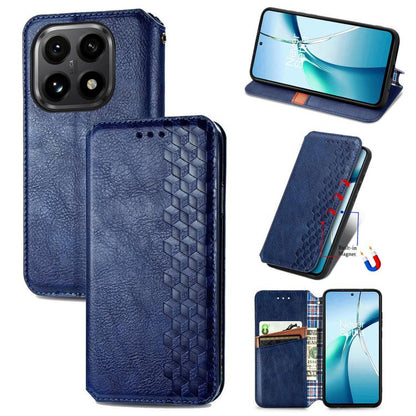 Blue magnetic leather phone case with cubic grid embossed pattern and flip cover