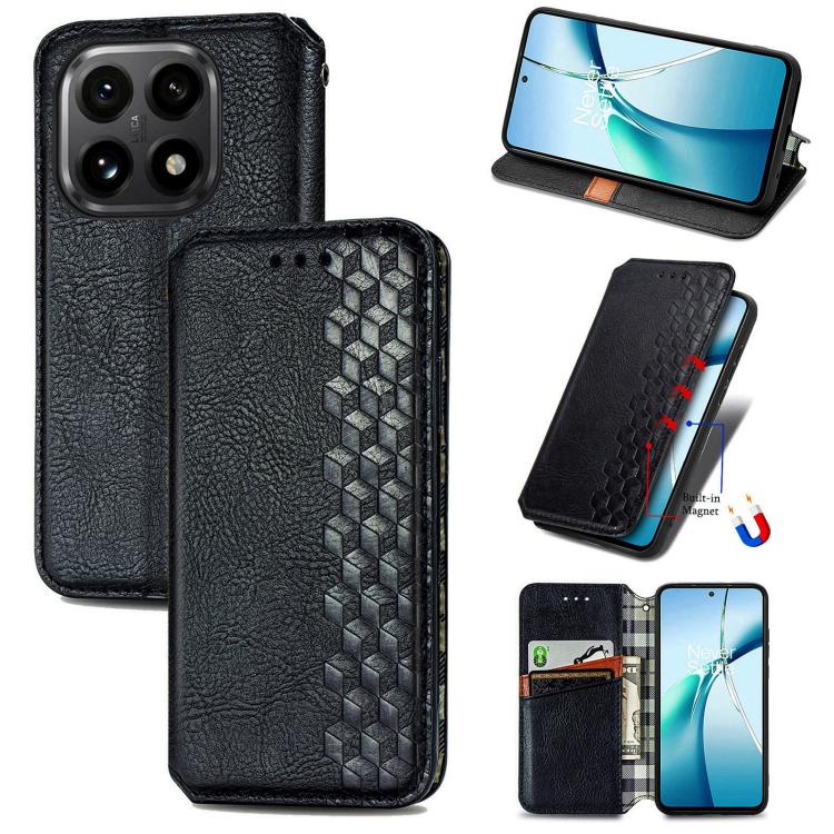 Magnetic leather phone case, black flip cover with cubic grid texture and card slot