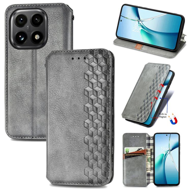 Magnetic leather phone case, gray flip cover with cubic grid texture and card slot