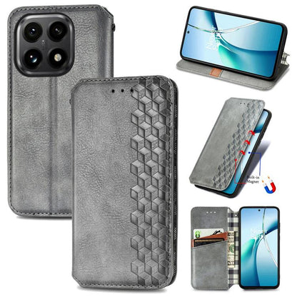 Magnetic leather phone case, gray flip cover with cubic grid texture and card slot