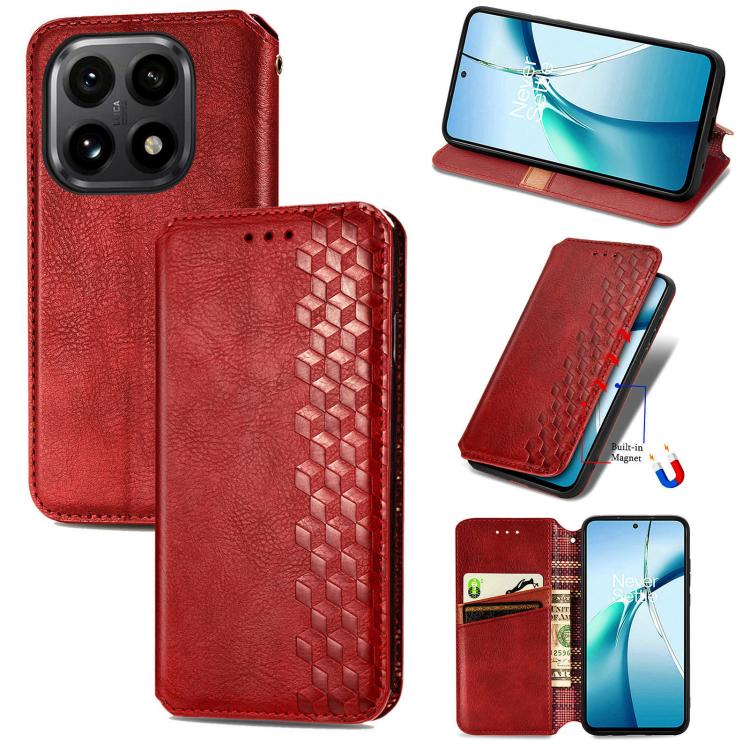 Magnetic leather phone case, red flip cover with cubic grid texture and card slot