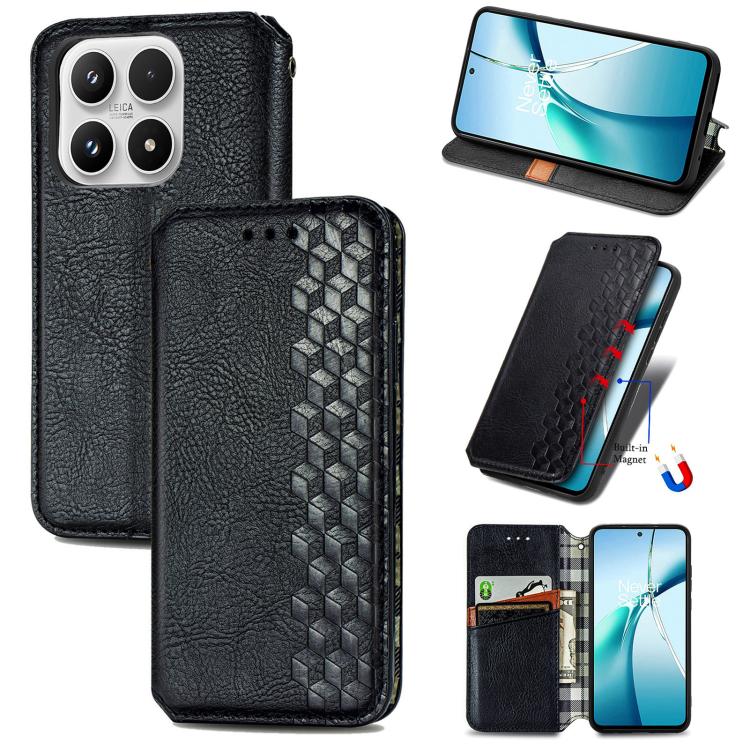 Black leather phone case with cubic grid pattern, magnetic flip cover and card slot