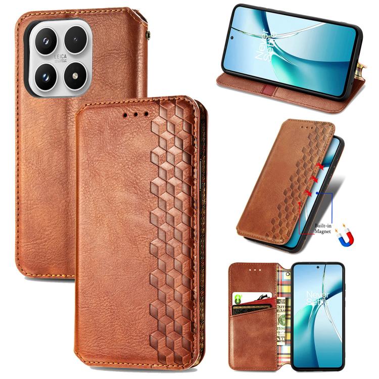 Brown leather phone case with cubic grid pattern, magnetic flip cover and card slot