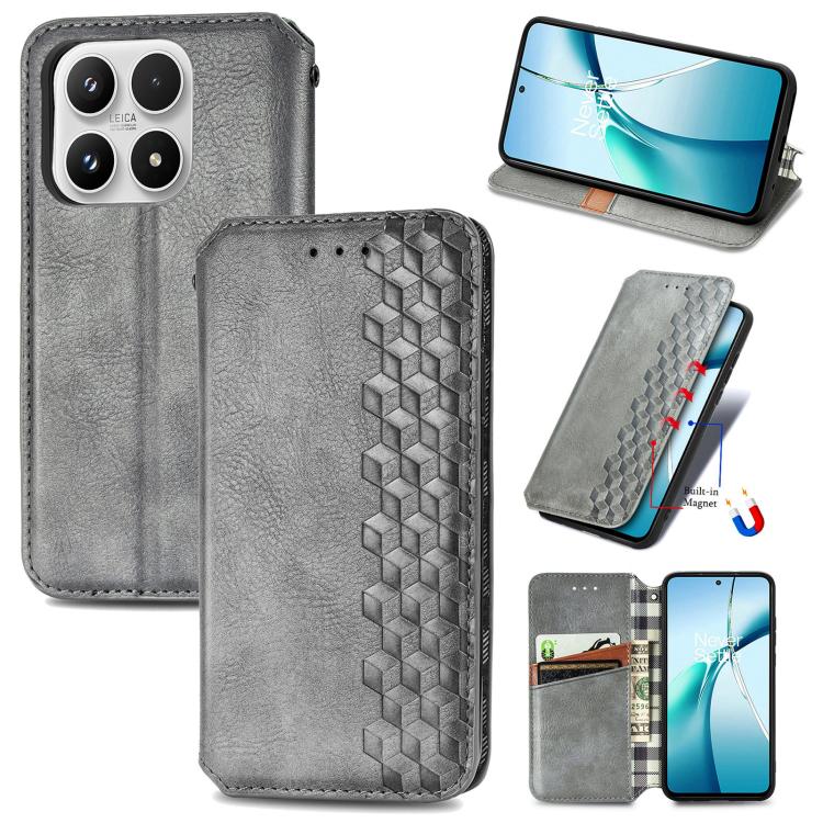 Gray leather phone case with cubic grid pattern, magnetic flip cover and card slot