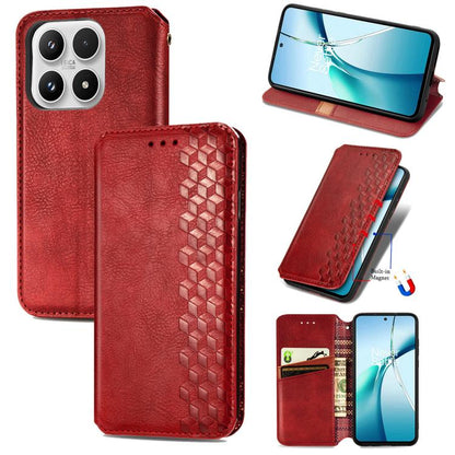 Red leather folio case with cubic grid embossing, magnetic flip cover and card pocket