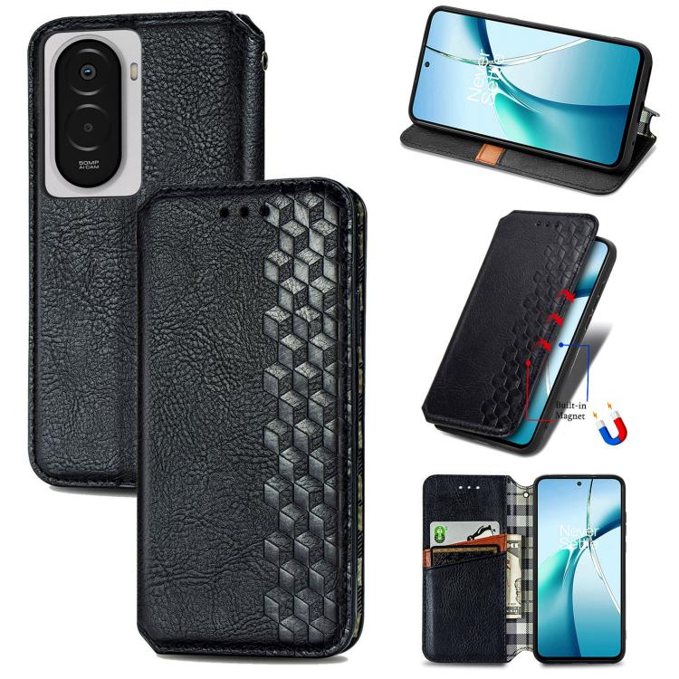 Black leather folio case with cubic grid embossing, magnetic flip cover and card pocket