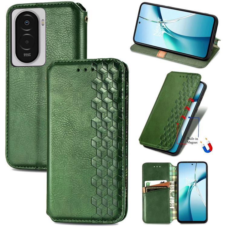 Green leather folio case with cubic grid embossing, magnetic flip cover and card pocket