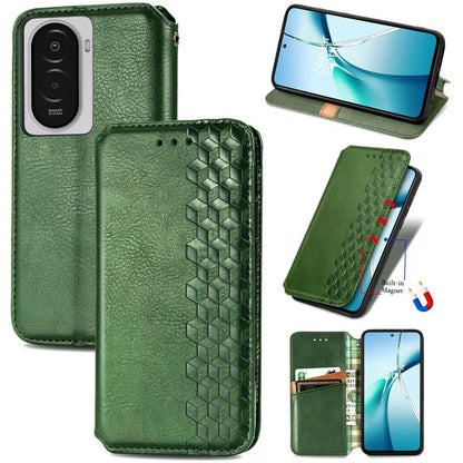 Green leather folio case with cubic grid embossing, magnetic flip cover and card pocket