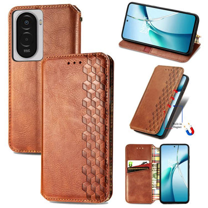 Brown magnetic leather phone case with cubic grid embossed pattern and flip cover