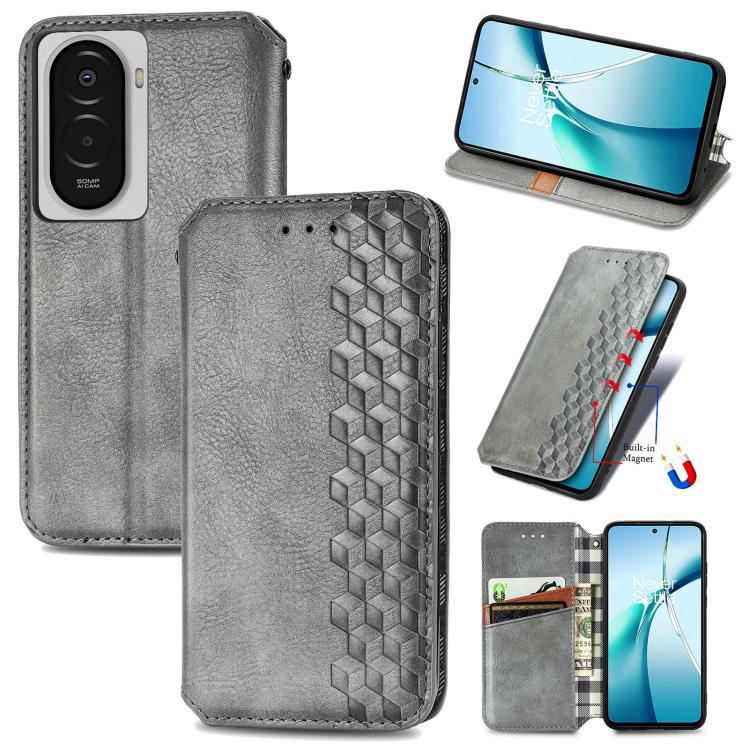 Gray magnetic leather phone case with cubic grid embossed design and flip cover