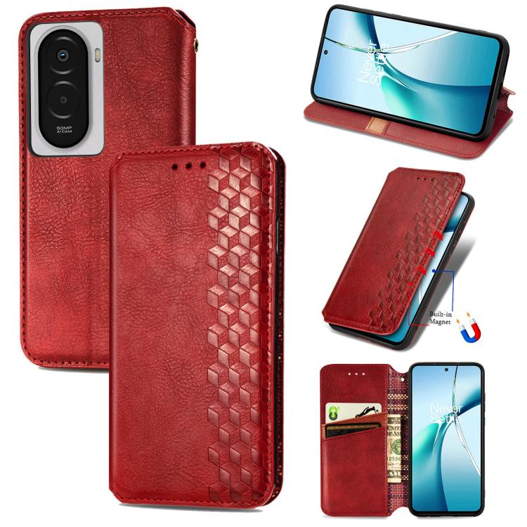 Red magnetic leather phone case with cubic grid embossed pattern and flip cover