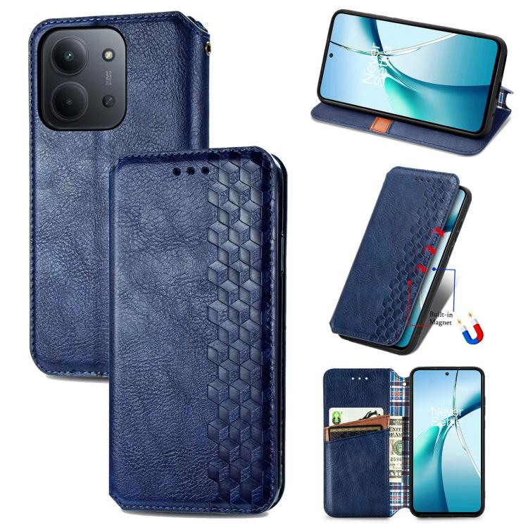 Blue magnetic leather phone case with textured cubic grid detail and camera cutout