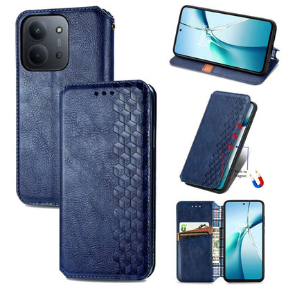 Blue magnetic leather phone case with textured cubic grid detail and camera cutout