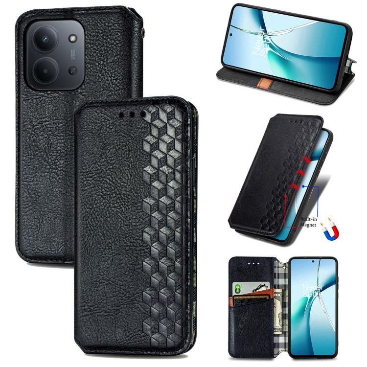 Black magnetic leather phone case with embossed cubic grid pattern and camera opening