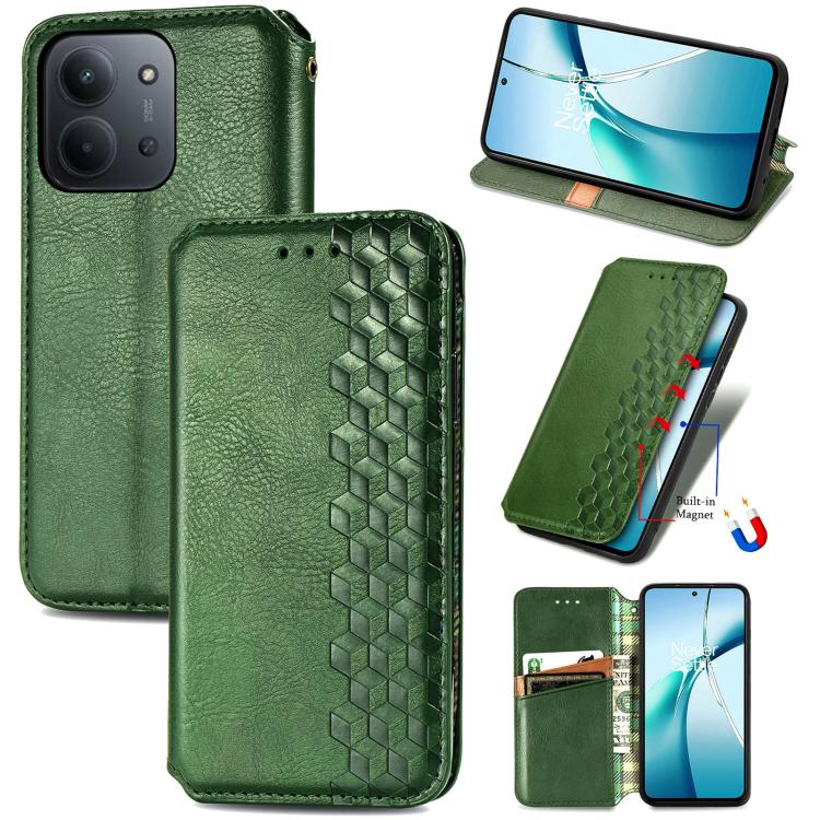 Green magnetic leather phone case with embossed cubic grid pattern and flip cover