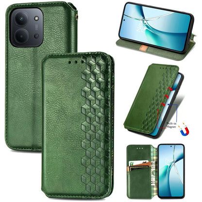Green magnetic leather phone case with embossed cubic grid pattern and flip cover
