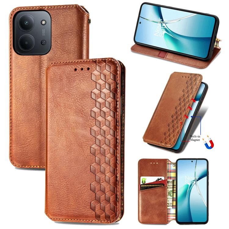 Brown magnetic leather phone case with embossed cubic grid pattern and stitched edges