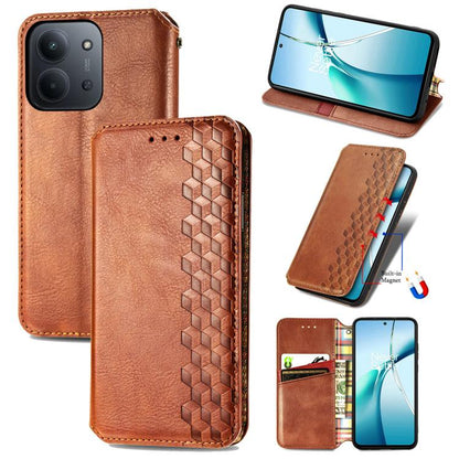 Brown magnetic leather phone case with embossed cubic grid pattern and stitched edges
