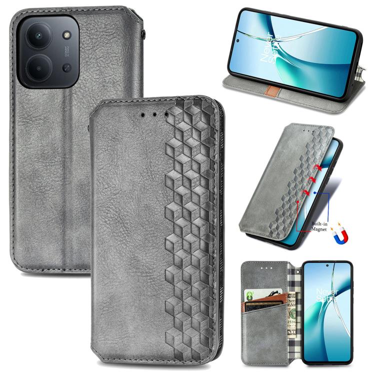 Gray magnetic leather phone case with cubic grid pattern and fold-out viewing stand