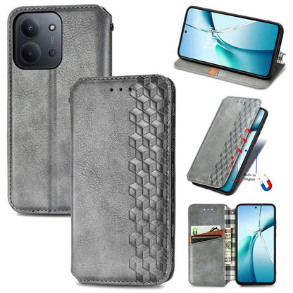 Gray magnetic leather phone case with cubic grid pattern and fold-out viewing stand
