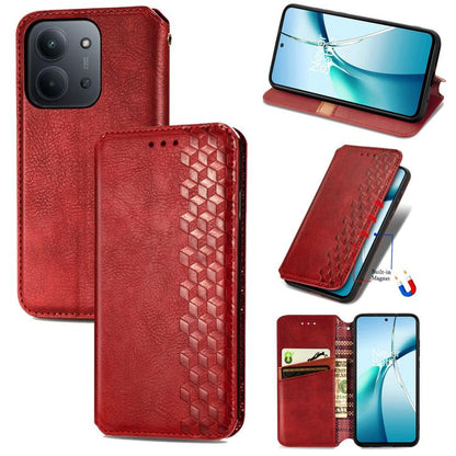Red magnetic leather phone case with cubic grid pattern and fold-out viewing stand