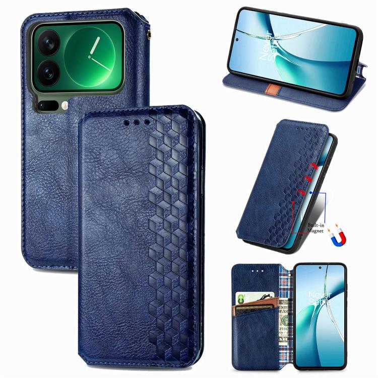 Magnetic leather folio phone case with cube grid embossing, blue