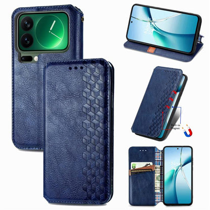 Magnetic leather folio phone case with cube grid embossing, blue