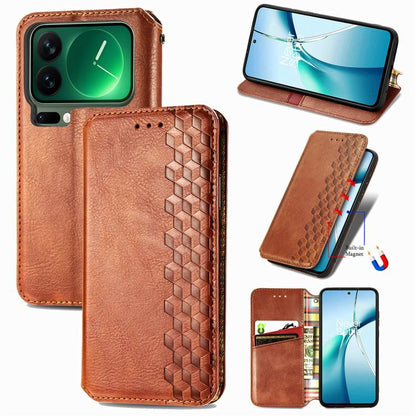Magnetic leather folio phone case with cube grid embossing, brown