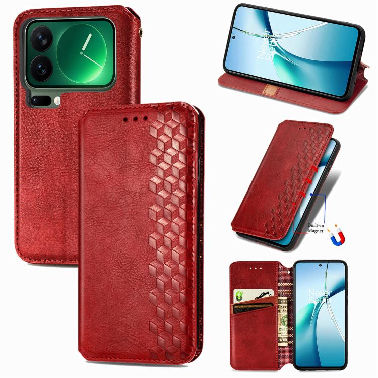 Red leather phone case with cubic grid pattern, magnetic flip cover and card slot