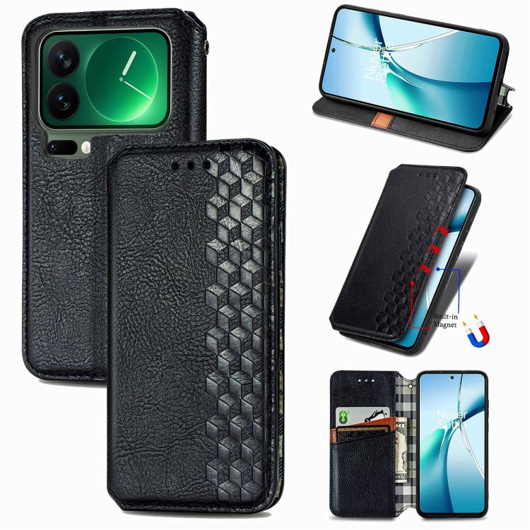 Magnetic leather folio phone case with cube grid embossing, black
