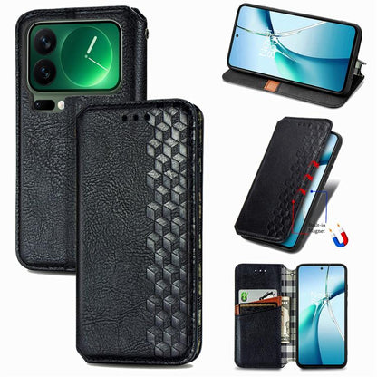 Magnetic leather folio phone case with cube grid embossing, black