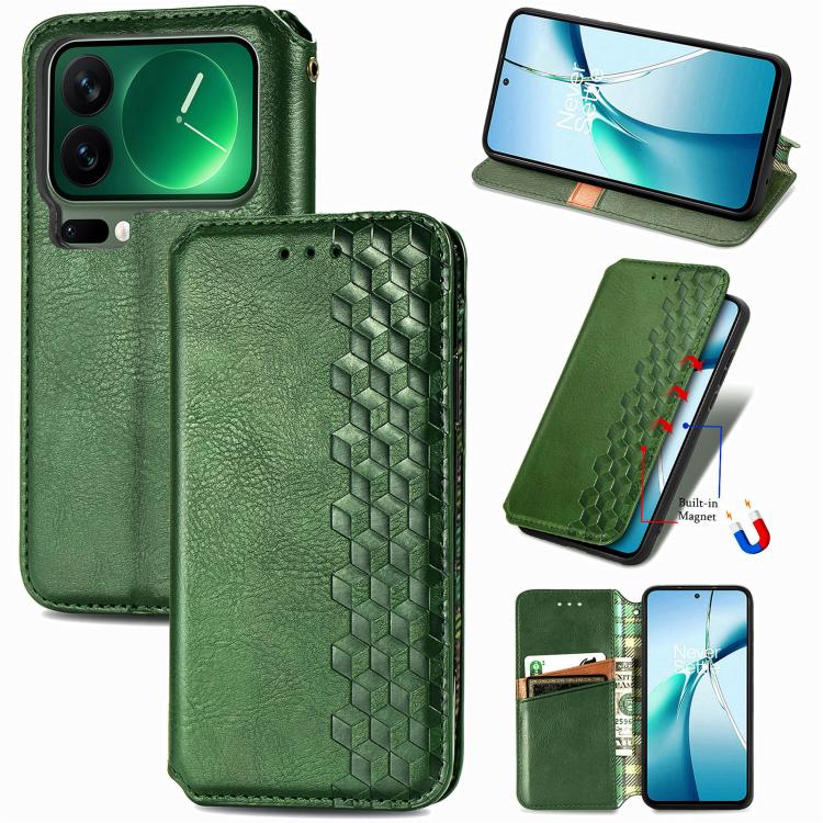Magnetic leather folio phone case with cube grid embossing, green