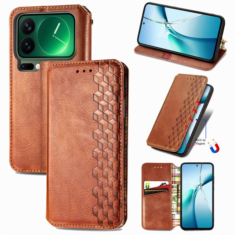 Magnetic leather folio phone case with cube grid embossing, brown