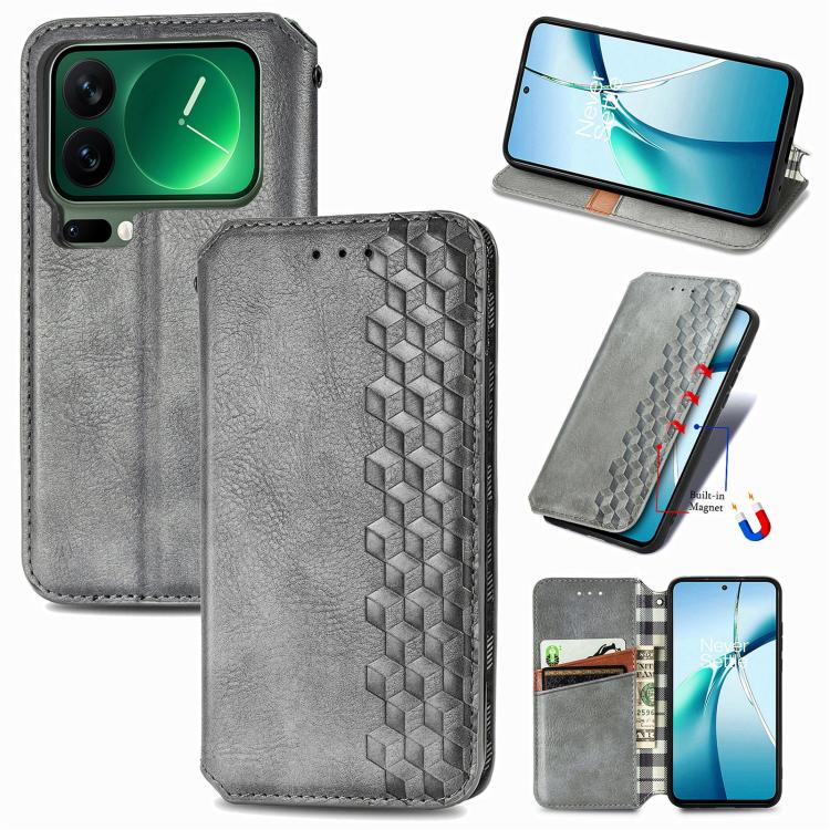 Magnetic leather folio phone case with cube grid embossing, gray