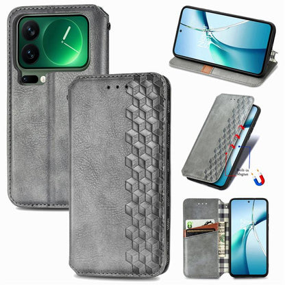 Magnetic leather folio phone case with cube grid embossing, gray